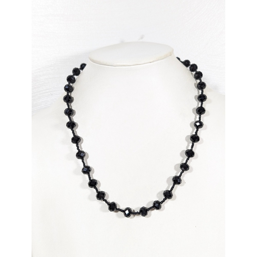 Black Faceted Glass Bead Necklace Long Strand Statement 24" Classic Gothic